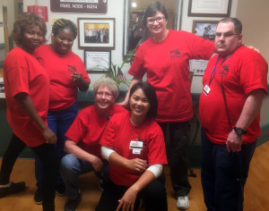 MEMBERS UNITED: From left, Mary Ogar, Shelly LaClair, Tandy Thomas, Gladys Lamanilao, Angela Dickinson and Brian Murray show off their T-shirts. The certified nursing assistants and licensed practical nurses joined in a 'day of action.'