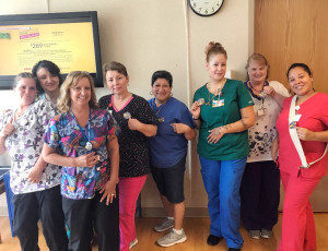 MEMBERS PROTEST: From left, Theresa Vogel CNA, Yelitza Hernandez CNA, Colleen Bartlett LPN, Carmen Rivera CNA, Marilyn Cruz facilities, Vanessa Rosado CNA, Karen Finnerty LPN, Becky Zavala CNA.