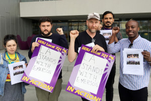 SUNNY SOLIDARITY: Members of SEIU Local 721 in Los Angeles stand with Emerson College workers in their fight for a fair contract.