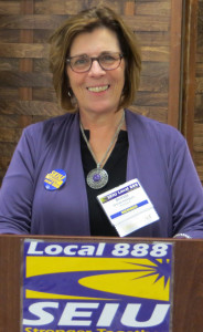 URGING UNITY: Local 888 President Brenda Rodrigues speaks at the annual convention.