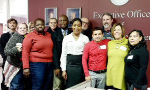 SERVING THOSE WHO SERVED: SEIU staff and leaders met with state officials about problems at the Soldiers Homes. From left: organizer Joe Montagna, Erin Saykin from the Holyoke Home, Theresa King (Holyoke), Lyneth Martin, from the Chelsea Home, Chrissy Wilson (Chelsea), Kwesi Ablordeppey (Holyoke), Speandilove Nelson (Chelsea), organizer Ron Patenaude, Elmer Ariazza (Chelsea), a Local 509 member, Local 888 President Brenda Rodrigues and Nely Sageth.