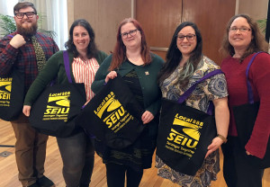 CONTRACT CELEBRATION: New officers for the Local 888 Brandeis librarians are: Will Lehman, chapter co-chair; Alexis Cooper; Aimee Slater, chapter co-chair; Esther Brandon and Mary Calo.