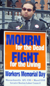 PAYING RESPECTS: Al Vega of MassCOSH speaks at Workers’ Memorial Day in Boston last year.