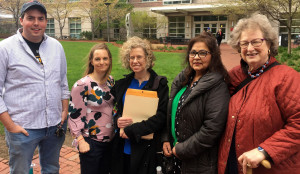 SOME THINGS TO CELEBRATE: Boston University Librarians are pictured (from left): Sean Smith, Kara Jackman, chapter leader Kate Sifron, Naseem Parveem and chapter leader Ann Seskin.
