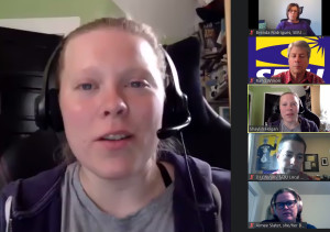 SPEAKING UP: Local 888 leader Shaylin Walsh-Hogan, from the Emerson College chapter, is shown on Zoom.