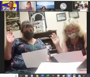 STEPPING FORWARD: Via Zoom, Local 888 President Brenda Rodrigues swears in stewards Lorraine Cavanaugh and Maryanne Carty as the new chapter leaders for the Westwood clerical and administrative workers.