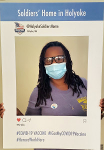 PICTURE OF GOOD HEALTH: Shante Barnett celebrates taking part in the COVID-19 vaccination campaign at the Holyoke Soldiers' Home.