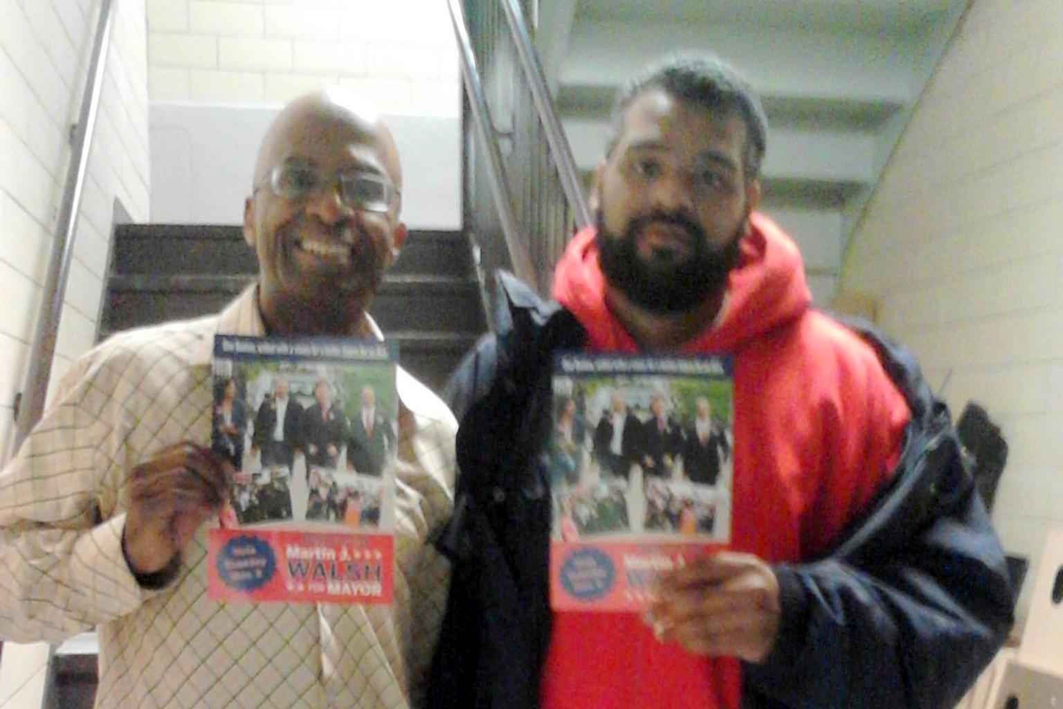 Anthony Meeks and Martin Andino both BCYF street workers campaigning for Walsh