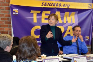  SEIU’s Maureen Ridge who is spearheading the effort to win $15 an hour and collective bargaining rights for fast food workers in Massachusetts, tells the Local 888 Executive Board about the campaign. Members with family or friends working in the fast food industry are urged to contact the campaign at maureen.ridge@gmail.com.