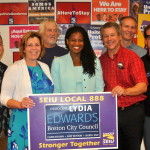 Local 888 staff and leaders Joe Lazzerini , Brenda Rodrigues, Joe Salterio, Rand Wilson, Ian Adelman with Lydia Edwards at the press conference