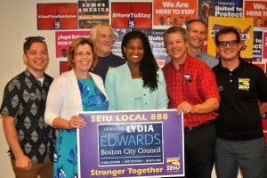 Local 888 staff and leaders Joe Lazzerini , Brenda Rodrigues, Joe Salterio, Rand Wilson, Ian Adelman with Lydia Edwards at the press conference