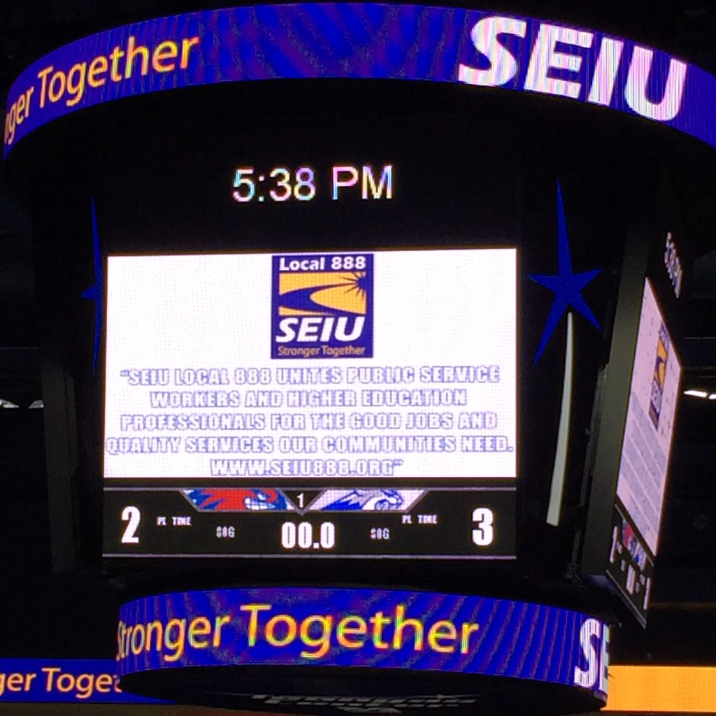 Hundreds of members attended Local 888's annual UMass Lowell hockey night on February 6. Local 888's logo was featured on the score board along with the following statement: "SEIU Local 888 unites public service workers and higher education professionals for the good jobs our communities need."