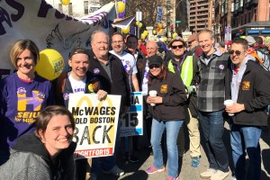 Local 888 leaders and staff at the April 14 "Fight for $15" rally. Left to right: Jen Springer, Colleen Fitzpatrick, Joe Lazzerini, Mike Kelly, Peter Bala, Mark DelloRusso, Steve D'Amico, Gayle McMahon, Dan Hoffer, Ian Adelman, and DJ Cronin. 