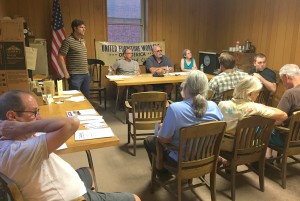 Jonathan Dudley with replace NAFTA panel at the old furniture workers union hall in Gardner. 