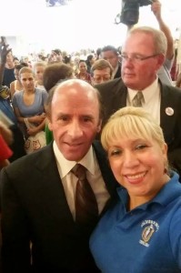 Local 888 member Carolina Romero, who works at the Chelsea Soldiers Home, took a "selfie" with Arthur T. celebrating Labor Day at the Chelsea Market Basket.  She is an active member of the Local 888 Latino Caucus.