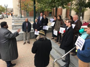 Public defenders gather outside the courthouse in Worcester to build support for their right to collectively bargain. 