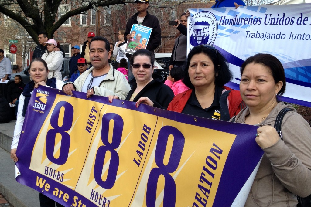 Members of the Local 888 Latino Caucus participated in the annual International Workers' Day march and rally in Chelsea. Pictured here, from left: Christina Villafranca, Enio Lopez, Margarita Hernandez and Rosa Matias.  Marchers were demanding respect for all workers, and a stop to the detention, deportation and separation of families.