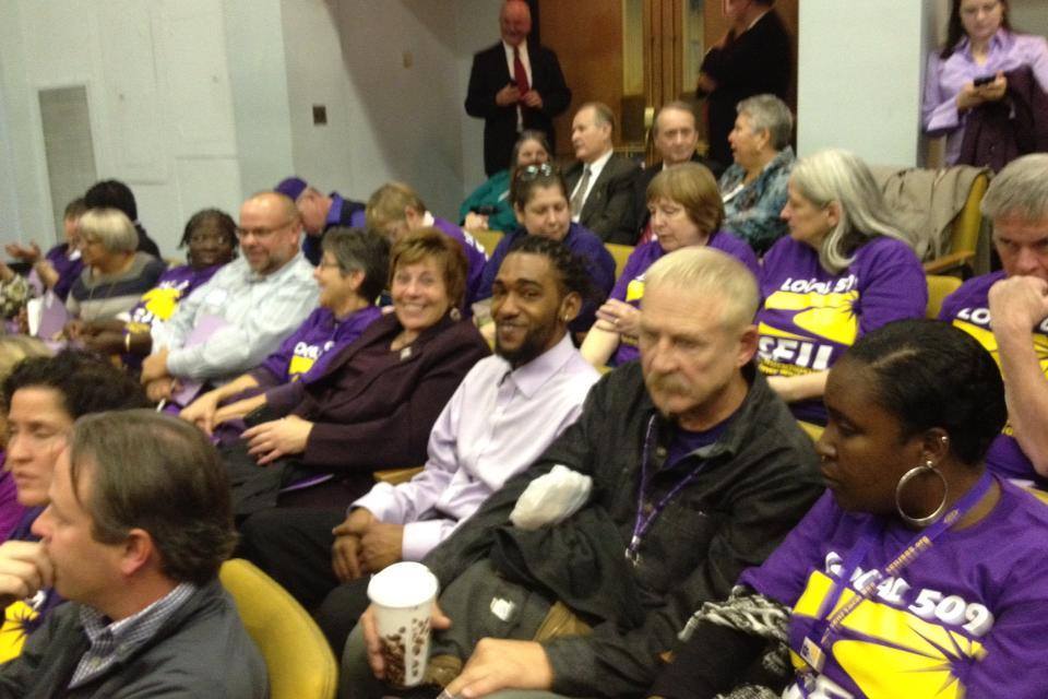 Local 888 and Local 509 members at an Oct. 31 hearing on the future of retiree health insurance.