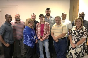 Western Mass Leadership Training participants: Kwesi Ablordeppey (Holyoke Soldiers Home), Chris Gouin (Barnes Air National Guard), Teresa King (Soldiers Home), Willie Mathieson (Barnes), Angela Dickinson (Soldiers Home), Josh Kusnierz (Veteran's Cemetery), Paul Moriarty (Berkshire Reg. of Deeds), Pedro Ortega (Amherst Housing Authority), 888 Sec.-Tres. Brenda Rodrigues, and Lance Bedford (DCAM)