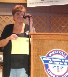 Terri Medeiros speaking at a recent Somerville Labor Coalition meeting