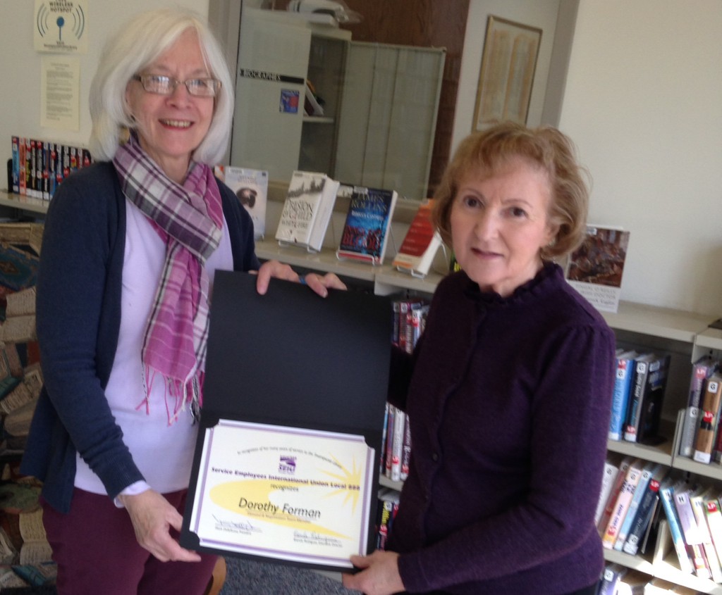 Maureen McCarthy (left) presenting Dorothy Forman with a certificate of appreciation upon her retirement from the town of Swampscott. Forman served on for the negotiation team as well as a steward in the Swampscott Library. Thanks for your many years of service, Dorothy.
